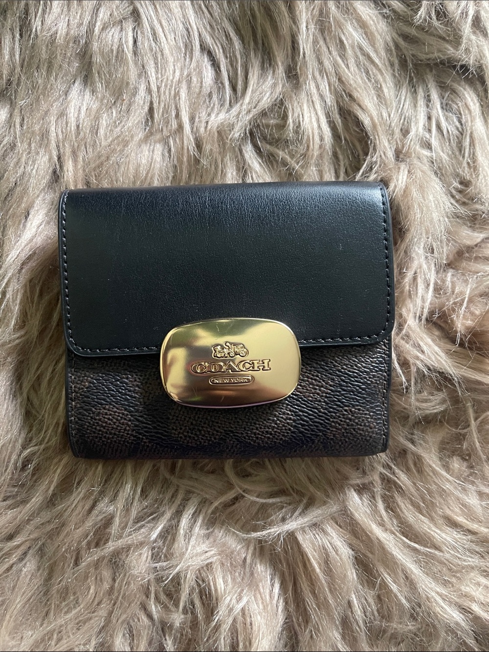 Coach Black and Brown Leather Card Case with Gold Plaque